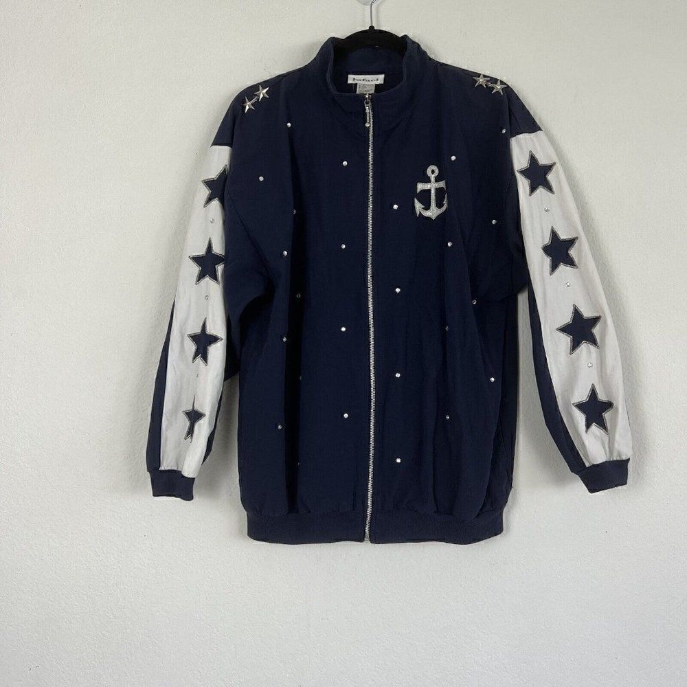 Rafael Womens Vintage 80 Nautical Navy Zip Up Bomber Jacket Stars & Anchor Small